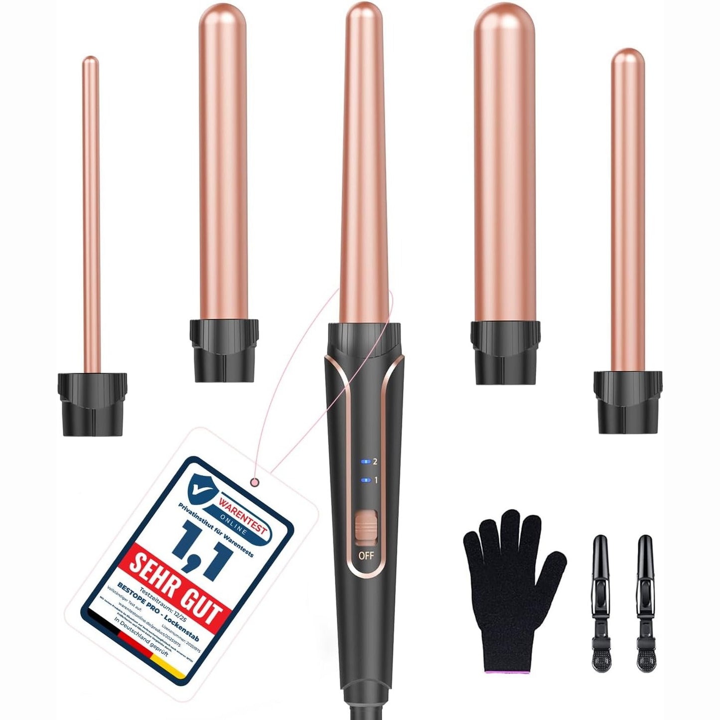 316307 - Set hekuri kaçurrelash 5-në-1, material qeramik, ngrohje e shpejtë me dy cilësime temperature, përfshin doreza dhe 2 kapëse flokësh