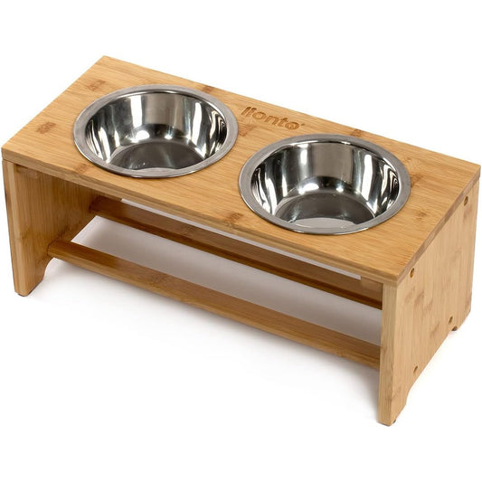 184068 - LIONTO Tas i Ngritur për Qen dhe Mace prej Bambuje, 44x20x19 cm, i Fortë dhe i Lehtë për t'u Pastruar, me 2 Tasa Çeliku Inox Ø 14 cm, Kapacitet 550 ML secila, Jo-rrëshqitës