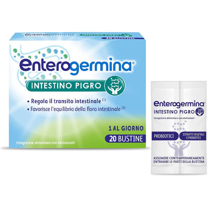 336461 - ENTEROGERMINA Lazy Bowel, Fermente Laktike Probiotike, Prebiotikë për të Rritur - Shtesa Probiotike dhe Ekstrakte Bimore për Kapsllëkun (20 Qese me Shije Manash të Egra)