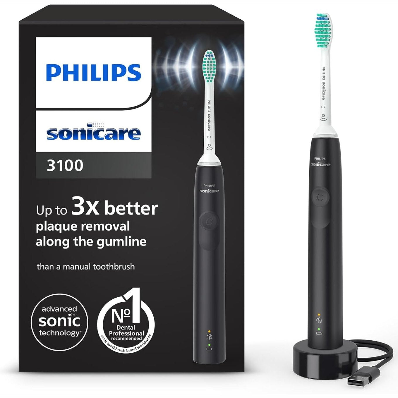 315842 - PHILIPS Furçë dhëmbësh elektrike Sonicare 3100, Kontroll presioni, Kohëmatës, e zezë, HX3671/14