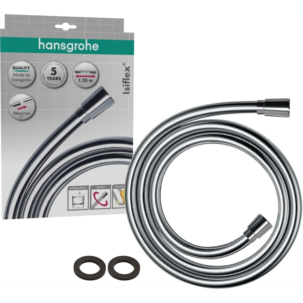 293128 - hansgrohe Isiflex tub dushi universal 1.25 m, me mbrojtje kundër përdredhjes, fleksibël, përfshirë unaza vulosëse, krom