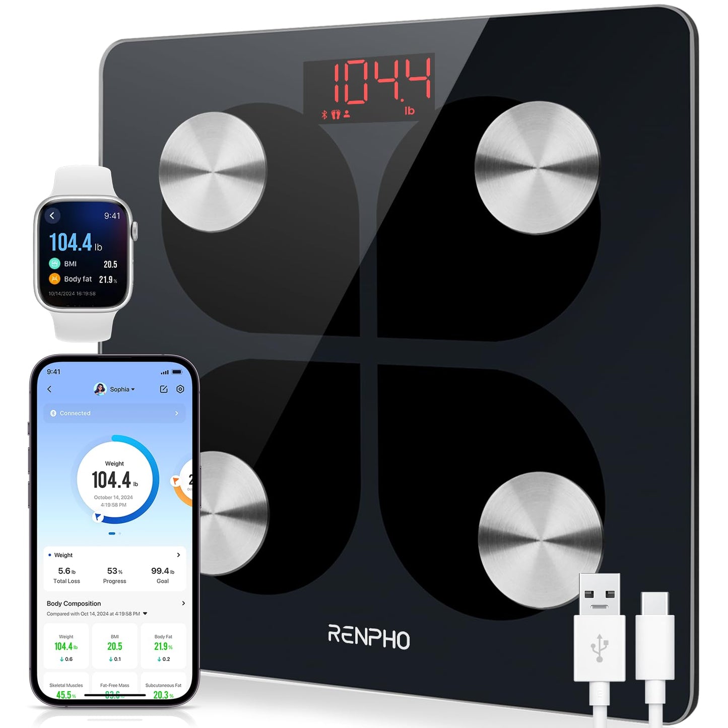 289764 - RENPHO Peshore e rikarikueshme USB për përbërjen e trupit, peshore dixhitale e lidhur me Bluetooth me aplikacion për smartphone, 13 pika të dhënash (BMI/përqindja e dhjamit në trup), Elis 1
