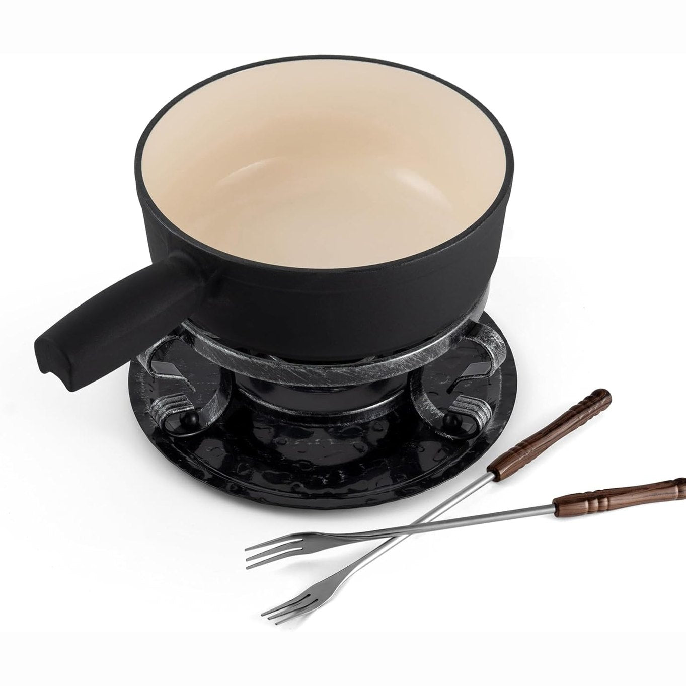 195077 - SWISSMAR KF-66513 LUGANO - Set Fondue 9 Copë nga Gize dhe Çelik Inox, e Zezë mat, me Kapacitet 2L, për Mish, Djathë dhe Çokollatë, për 4 Persona