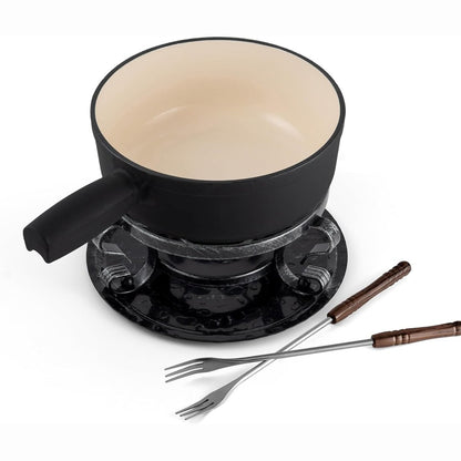 195077 - SWISSMAR KF-66513 LUGANO - Set Fondue 9 Copë nga Gize dhe Çelik Inox, e Zezë mat, me Kapacitet 2L, për Mish, Djathë dhe Çokollatë, për 4 Persona