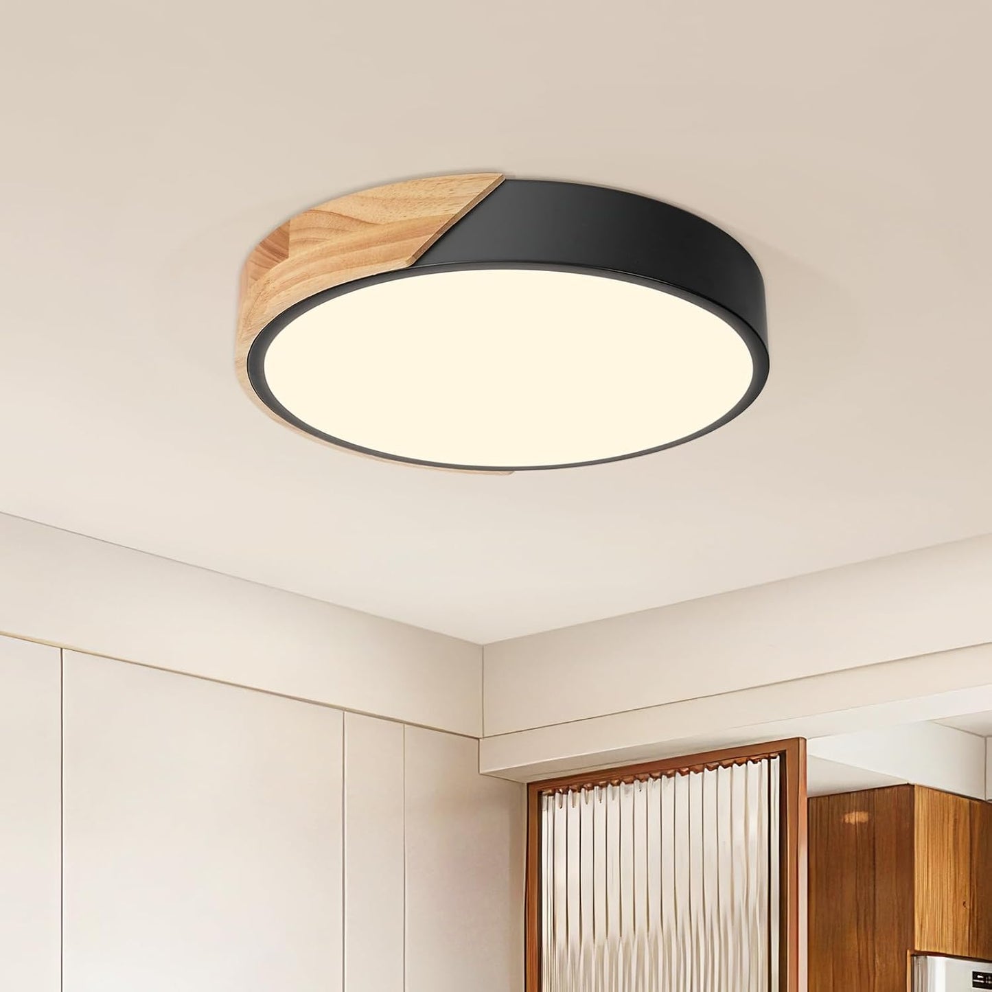 205619 - KAMBO Llambë Tavani LED e Rrumbullakët prej Druri 24W, 3000K, 2400LM Ø30cm - Model i Zi Modern për Brendësi, e Përshtatshme për Kuzhinë, Dhomë Ndenjeje, Dhomë Gjumi, Zyrë, Korridor