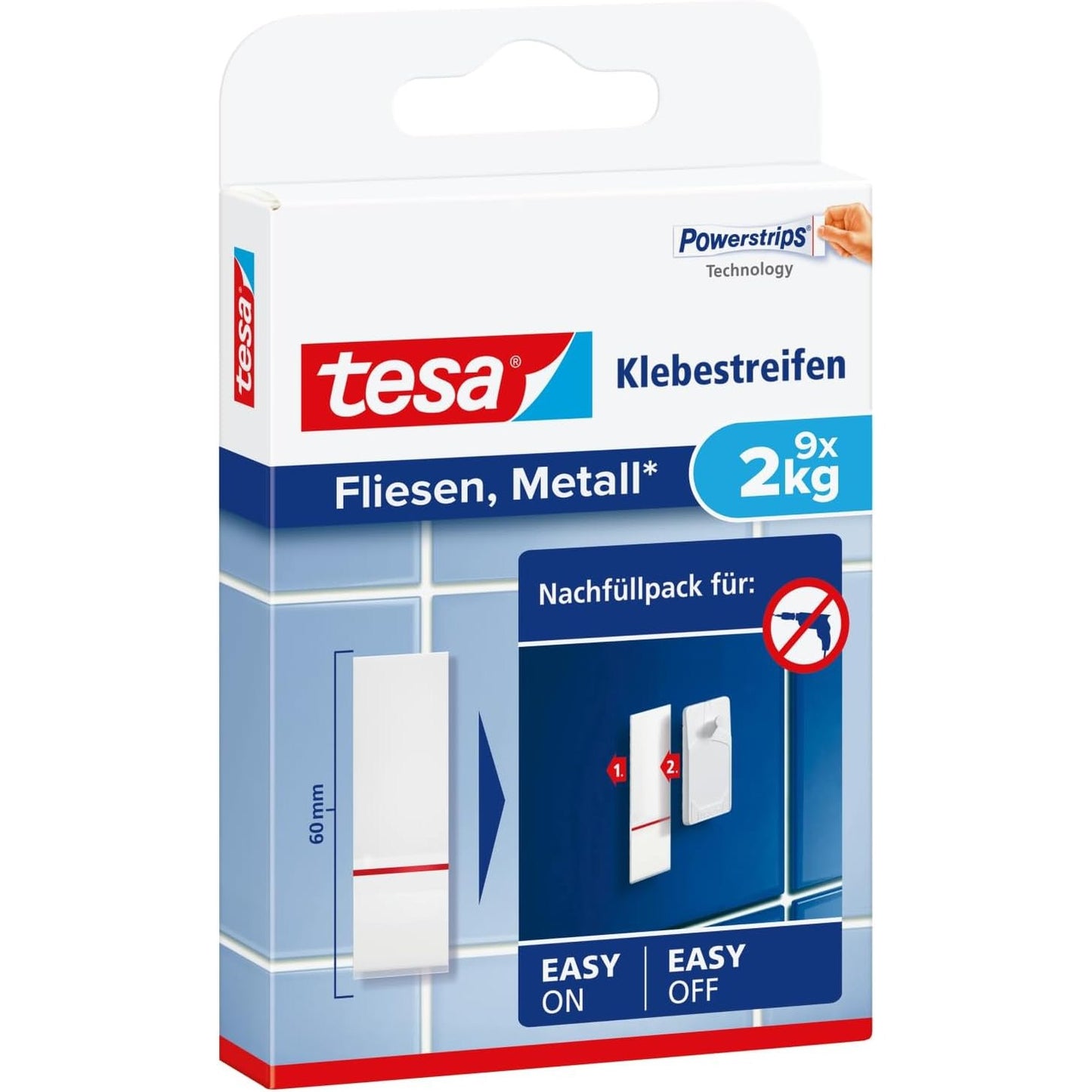 289359 - TESA Shirita ngjitës Powerstrips për pllaka dhe metal, 2 kg - Shirita dypalësh për sipërfaqe të forta dhe të lëmuara - Fuqi mbajtëse deri në 2 kg për shirit - 9 copë
