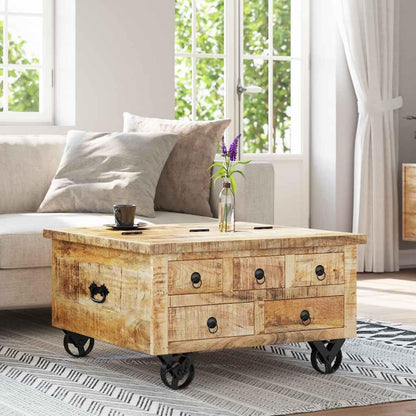 265608 - vidaXL Tavolinë Kafeje prej Druri Mango Masiv 70x70x40 cm me 5 Sirtarë dhe Rrota Hekuri – Stil Industrial