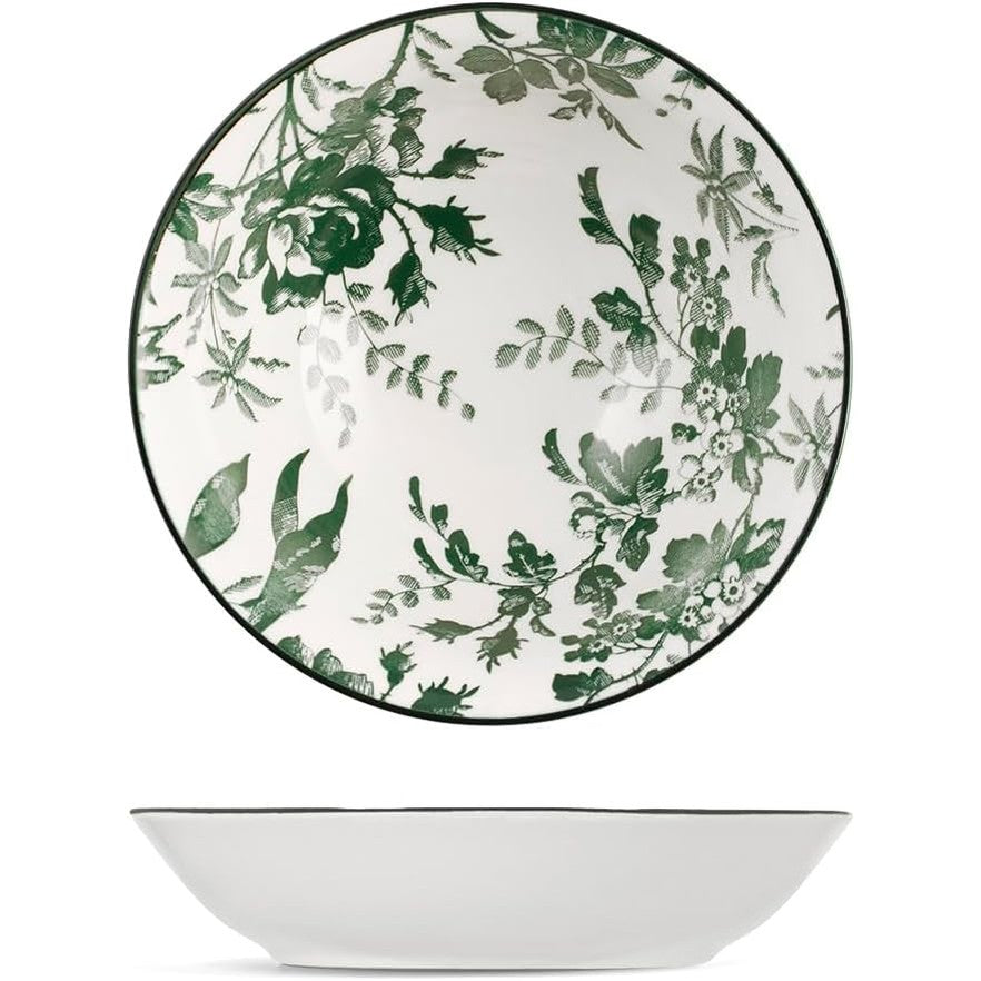 184015 - H&H - Set me 6 Pjata të Thella Margaret Porcelan, Dekoruar me Jeshile dhe Skaje të Zeza, Diametri 20cm, I Përshtatshëm për Lavastovilje dhe Mikrovalë