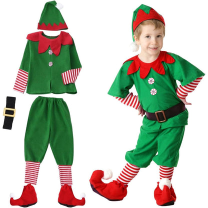 183747 - MOPQMKT Seti i Kostumit të Elfit të Krishtlindjeve për Fëmijë, 5 copë: Bluza, Pantallona, Kapele, Çorape, Rrip - Dhurata për Karnaval, Mardi Gras dhe Cosplay - Madhësia 130 cm