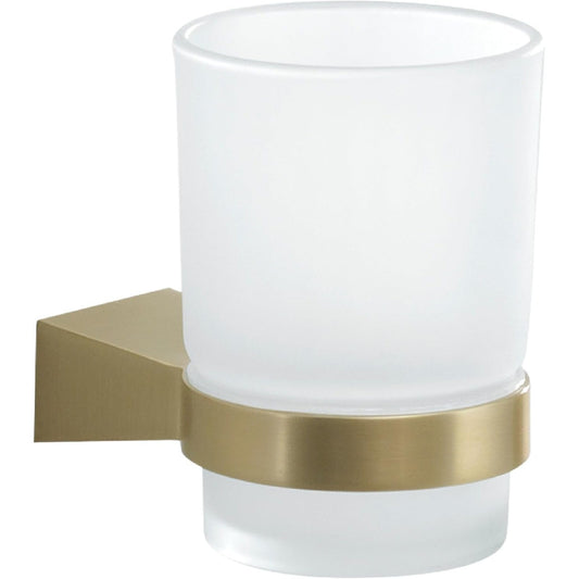 187996 - GEDY - Mbajtëse furçe dhëmbësh Tonale prej çeliku inox, Cromall dhe xham sateni, me fiksime me vida të përfshira, ngjyre Ari mat, madhësi 9.5x6.7x9.5cm