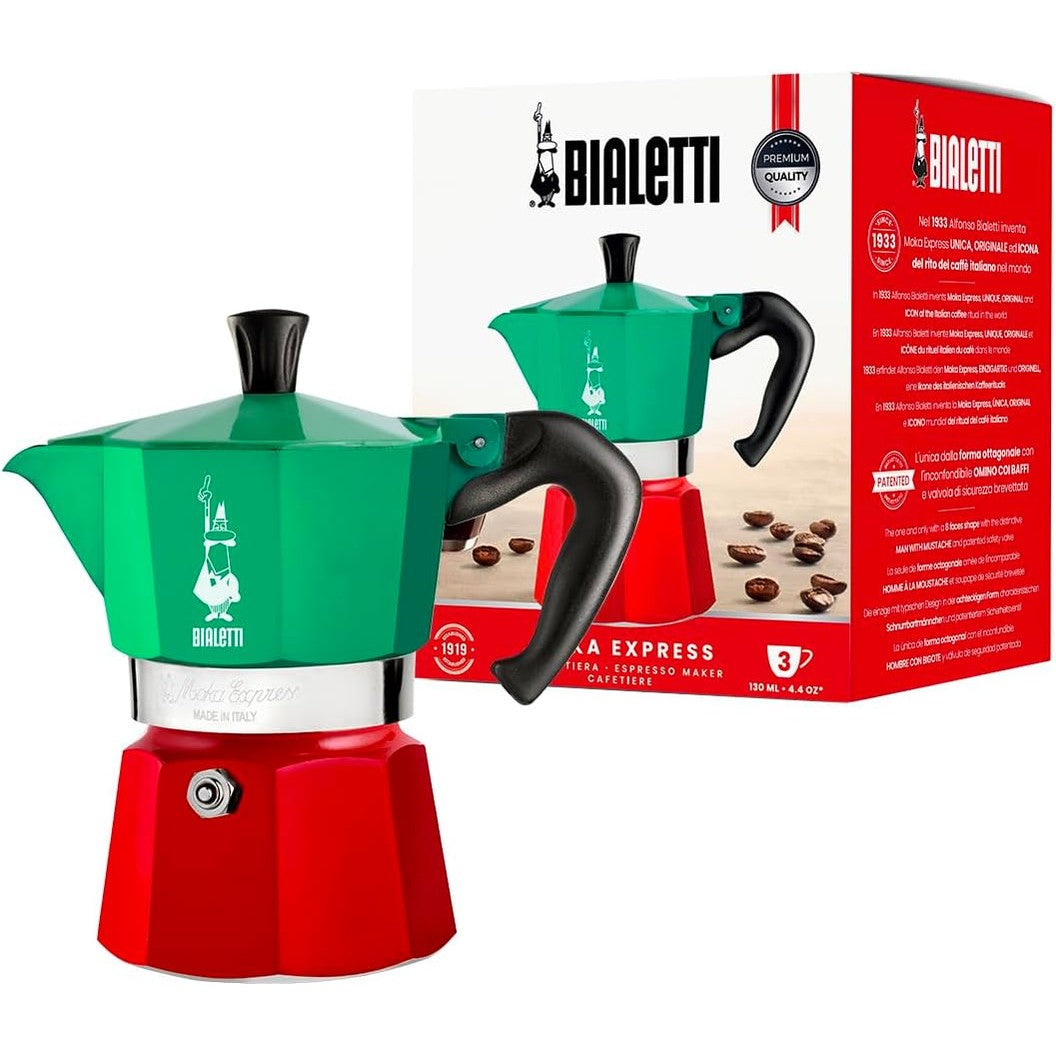 205142 - BIALETTI - Makina e Kafesë për Espresso Moka Express Italia, 3 Gota (130ml), Alumini, Ngjyrat: E Kuqe, Jeshile dhe Argjendi
