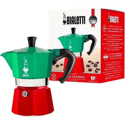 205142 - BIALETTI - Makina e Kafesë për Espresso Moka Express Italia, 3 Gota (130ml), Alumini, Ngjyrat: E Kuqe, Jeshile dhe Argjendi
