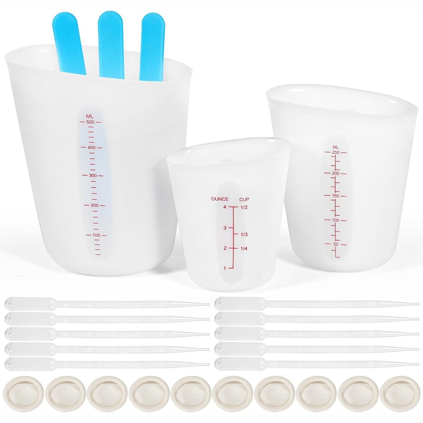 258212 - Set Kupash Matëse prej Silikoni Celepoir, 3 Pjesë, Kapacitet: 125ml/250ml/500ml, me Shkop Përzierjeje dhe Pikatore