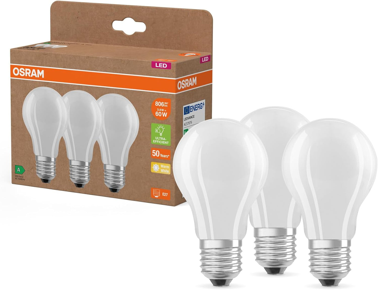 219238 - LLAMBAT LED OSRAM ME EFIKASITET TË LARTË ME KLASËN E EFIKASITETIT TË ENERGJISË A, PAKO ME 3 LLAMBA ME VLERË, ZËVENDËSON LLAMBAT INKANDESHENTE KONVENCIONALE 60W, FORMË LLAMBE, E BARDHË E NGROHTË (2700K), E27, XHAM I MBULUAR ME ACAR