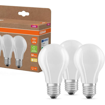 197235 - OSRAM LED Llamba, Klasa e Efikasitetit Energjitik A, Zëvendëson 60W Llamba Inkandeshente, Formë Llambe, E Bardhë e Ngrohtë (2700K), E27, Xham i Mbuluar me Acar, Pako 3 Copë
