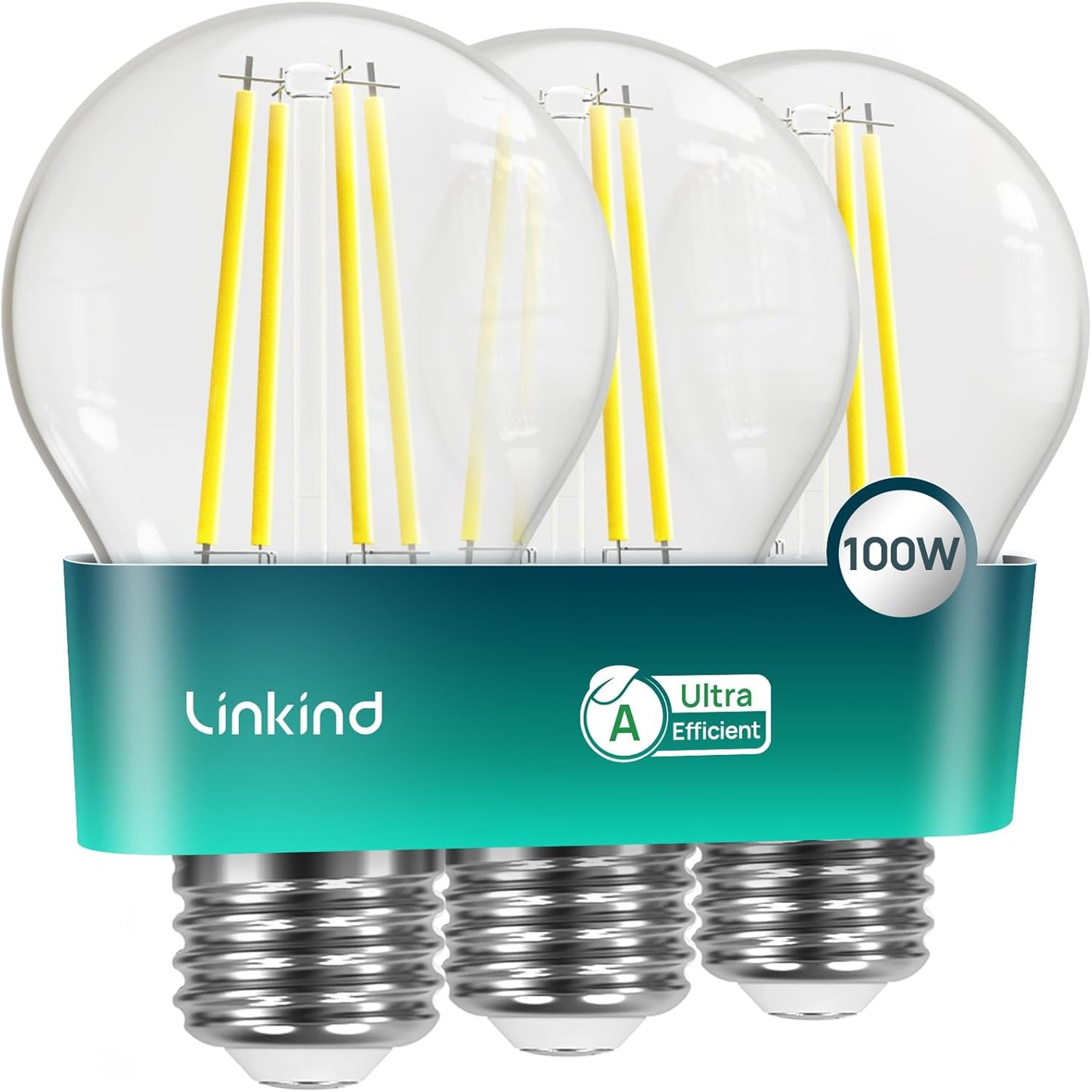 228405 - Linkind - Llambë Ultra-Efikiente E27 Vintage, 7.2W = 100W, 2700K E Bardhë e Ngrohtë, Klasa e Energjisë A, Pa Errësim, A60 Edison, 1521 lm, Kënd Rrezetimi 320°, Pako me 3 copë