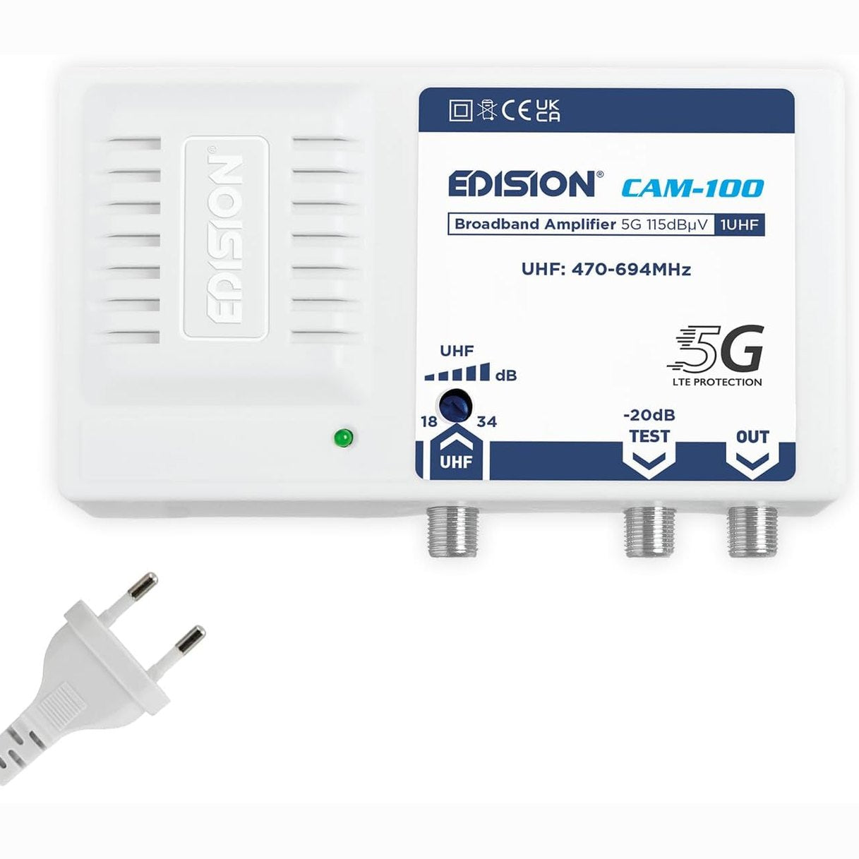 268420 - EDISION Amplifikator CAM-100, 1UHF, 18-34dB i rregullueshëm, 115dBmV, për tokësor DVB-T/T2, Filtër 5G LTE, UHF 470-694MHz