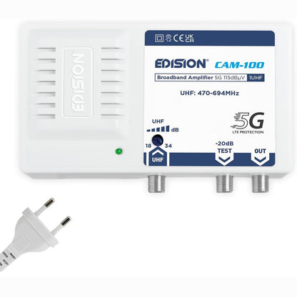 268420 - EDISION Amplifikator CAM-100, 1UHF, 18-34dB i rregullueshëm, 115dBmV, për tokësor DVB-T/T2, Filtër 5G LTE, UHF 470-694MHz