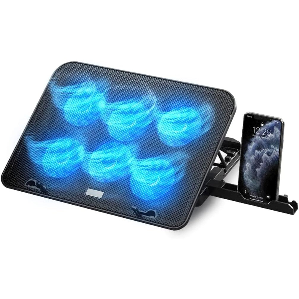 320137 - NK Bazë Ftohëse Portative - Ventilator Laptop për Laptop 12-17", i Rregullueshëm në Lartësi, 6 Ventilatorë të Heshtur, 2 Porta USB, Ftohje e Shpejtë, Dritë LED Blu - e Zezë