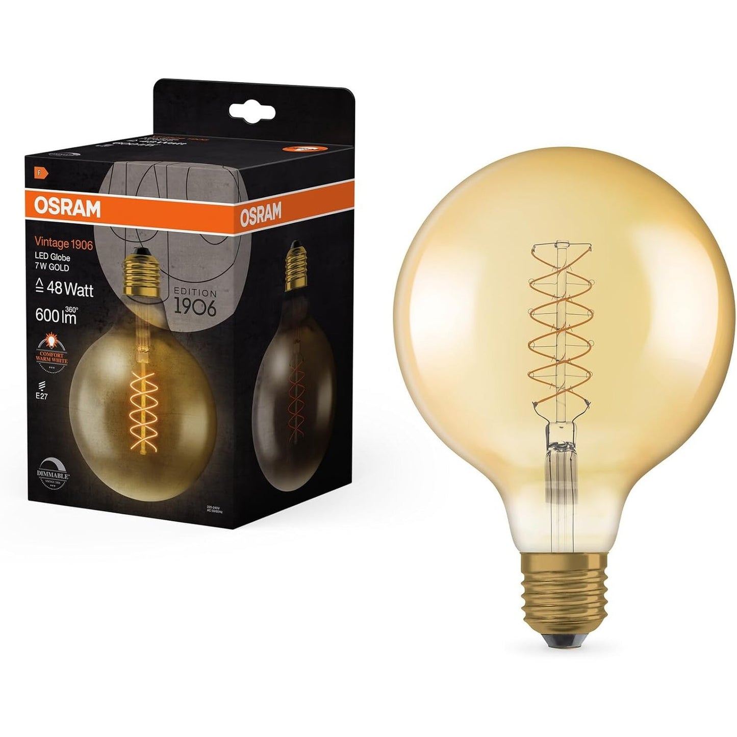 261962 - OSRAM Llampat Vintage 1906 LED, Ngjyrë e Artë, 7W, 600lm, Formë sferike, Diametër 125mm, Bazë E27, E Bardhë e Ngrohtë, Filament Spiral, Jetëgjatësi deri në 15,000 Orë, Ekuivalent me 48W