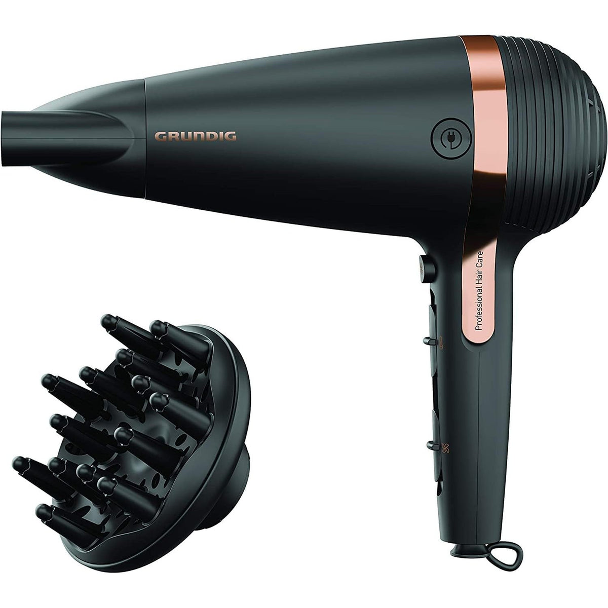 321245 - GRUNDIG Tharëse flokësh Naturashine HD 7081 - 2100W, funksion joni, tërheqje kordoni, qeramike me vaj makadamia dhe kokosi, grykë me prekje të ftohtë, ngjyra e zezë/rozë-artë
