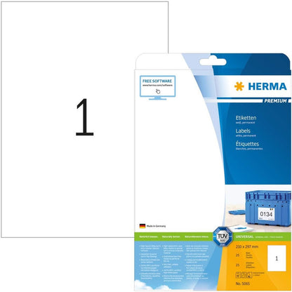 267173 - HERMA Etiketa universale 5065 A4 të mëdha (210 x 297 mm, 25 fletë, letër, mat) vetëngjitëse, të shtypëshme, etiketa adresash të përhershme, 25 afishe, të bardha