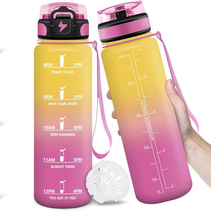257974 - MOTSWEDI Shishe Uji, 500ml, pa BPA, plastike, dizajn me mbyllje që nuk rrjedh, me vulosje date, për shkollë, kamping, përdorim të përditshëm, e verdhë dhe rozë