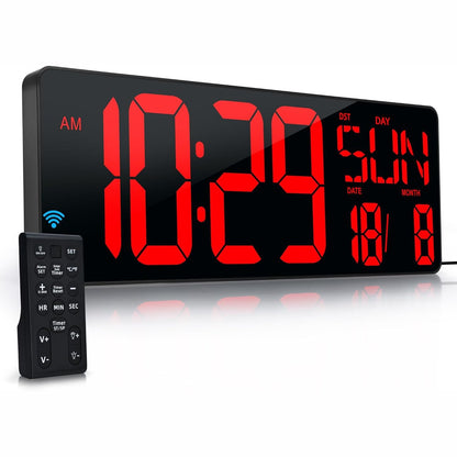 195319 - LEDIX - Orë Murale Dixhitale 43.7 cm (17.3 inç), LED, me Telekomandë, Shfaqje të Datës, Ditës së Javës, Matës Temperaturë, Ndriçim të Rregullueshëm, Zile, DST automatike, për Dhomën e Ndenjes