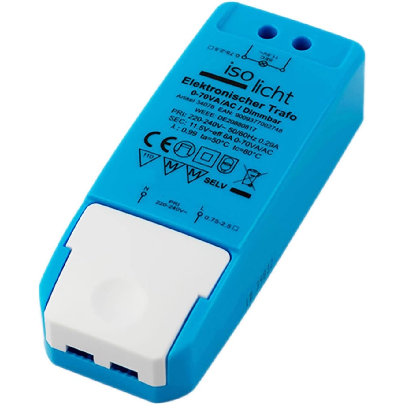 253369 - Transformator i izoluar 12 V/AC, 0–70 W, drejtues LED pa ngarkesë minimale, pa dridhje dhe zhurmë, furnizim me energji të errësueshëm, blu