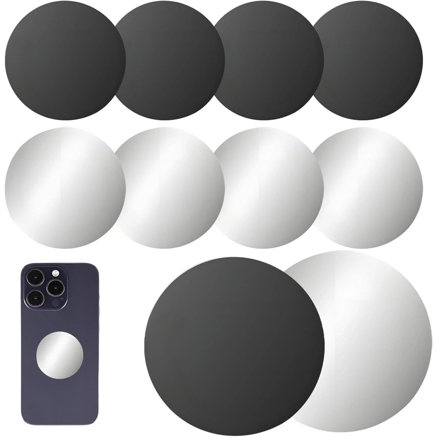 274702 - EVTHUR Pako me 10 pllaka metalike vetëngjitëse, 40 mm - Pllakë metalike magnetike vetëngjitëse për magnete në ngjyrë të zezë dhe argjendi - e përputhshme me mbajtëset magnetike të telefonave celularë