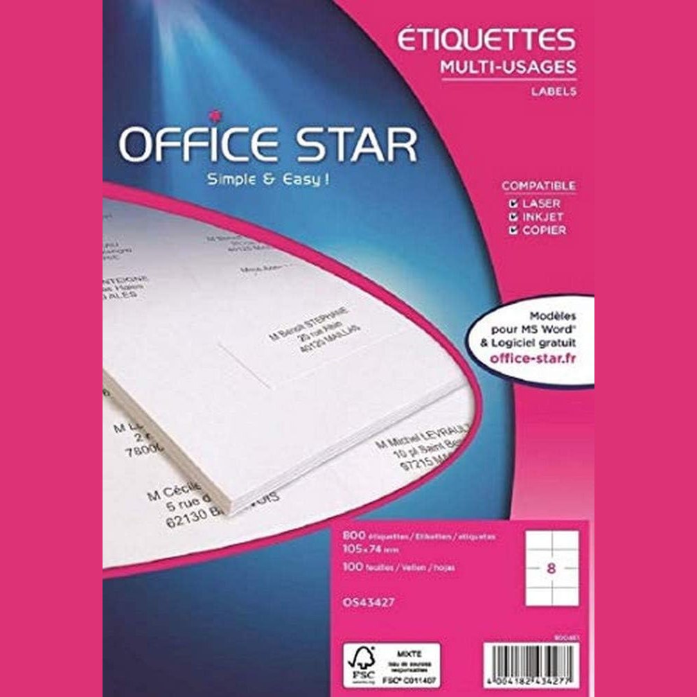 273866 - OFFICE STAR 800 Etiketa Vetëngjitëse të Bardha, Personalizueshme, 105 x 74 mm, Printim me Lazer, Inkjet dhe Fotokopjues.