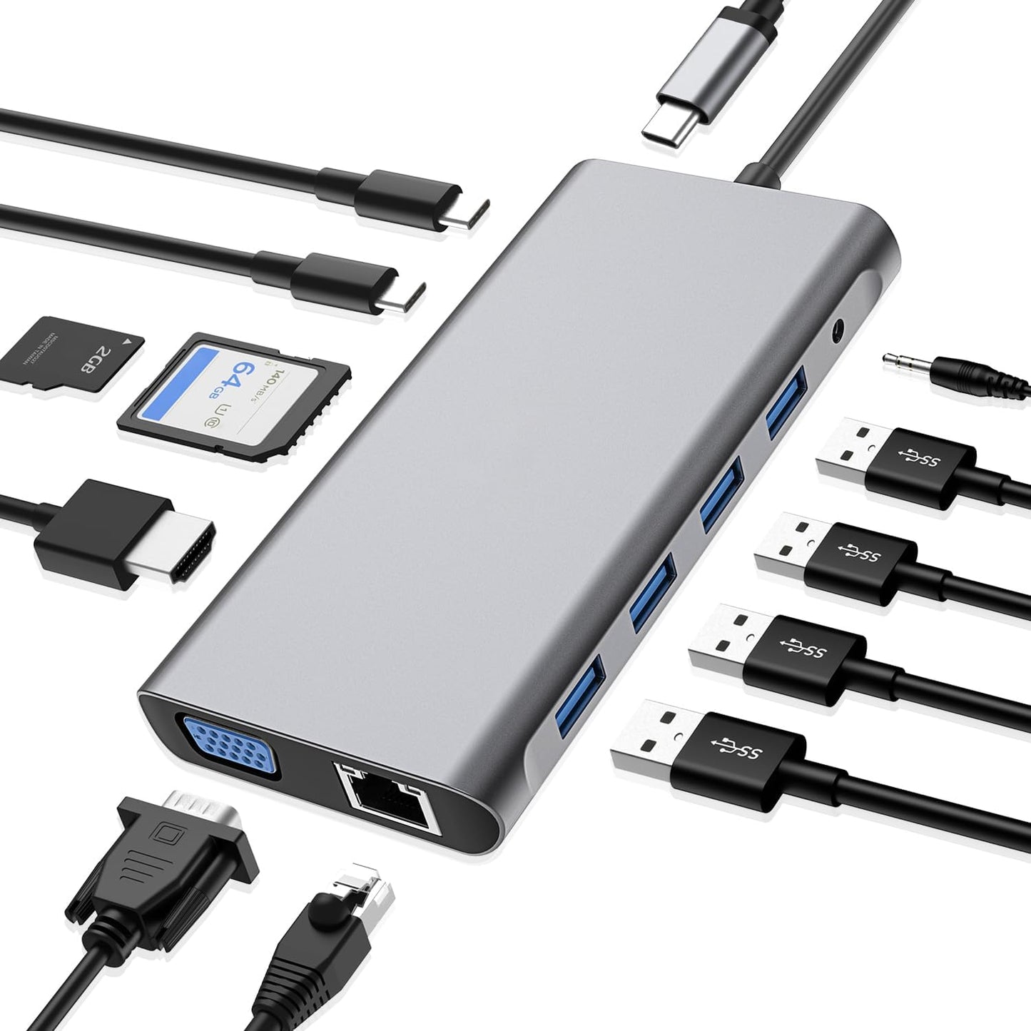 276655 - SZPACMATE Hub USB-C, Stacion Docking Adaptor 12-në-1 me 4K HDMI, VGA, 3 USB 2.0, USB 3.0, PD 3.0, Portë Ethernet RJ45, Vend për kartë SD/TF, Hyrje AUX 3.5 mm, i pajtueshëm me MacBook Pro/Air