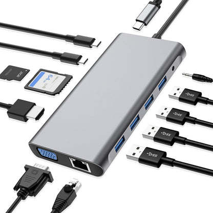 276655 - SZPACMATE Hub USB-C, Stacion Docking Adaptor 12-në-1 me 4K HDMI, VGA, 3 USB 2.0, USB 3.0, PD 3.0, Portë Ethernet RJ45, Vend për kartë SD/TF, Hyrje AUX 3.5 mm, i pajtueshëm me MacBook Pro/Air