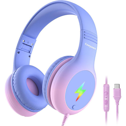 269058 - COWYAWN Kufje për Fëmijë me Drita LED, Kufje USB Type-C për Fëmijë me Mikrofon, Kufizues Volumi 85/94 dB, Kufje USB-C mbi Vesh për Djem/Vajza/Shkollë/Tablet/Udhëtim/iPad/iPhone, Vjollcë