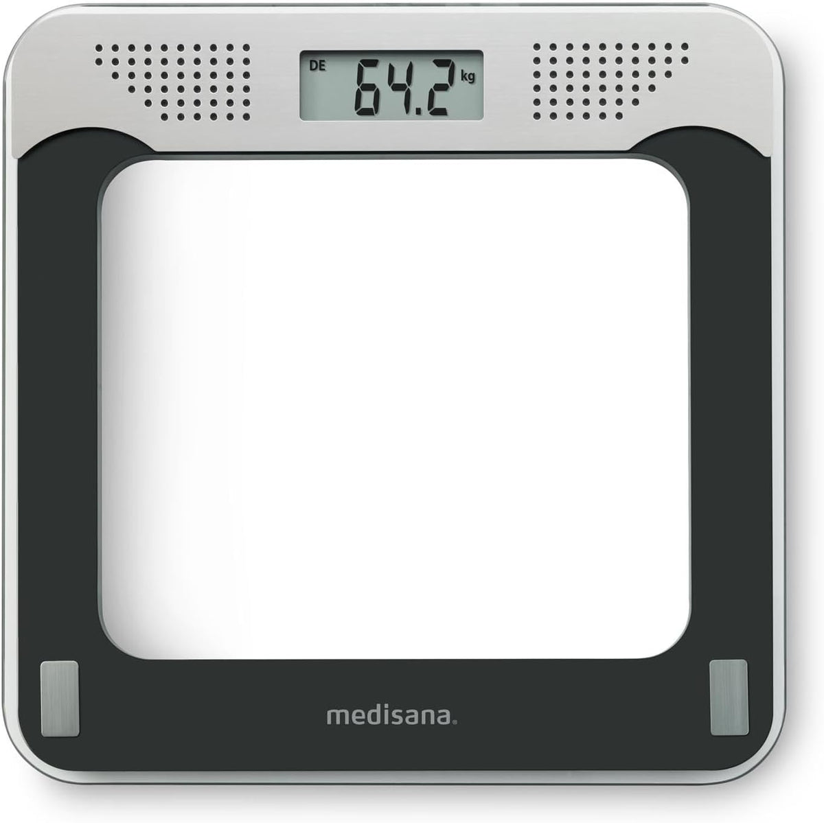 297009 - MEDISANA Peshore banjoje PS 425 me zë, peshore dixhitale prej qelqi, 4 gjuhë, fikje automatike, e zezë/gri, deri në 180 kg