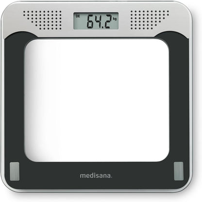 297009 - MEDISANA Peshore banjoje PS 425 me zë, peshore dixhitale prej qelqi, 4 gjuhë, fikje automatike, e zezë/gri, deri në 180 kg