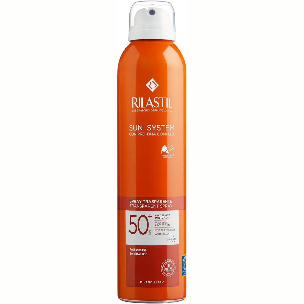 311969 - RILASTIL Sun System Transparent Spray SPF 50+, Sprej Transparent për Trupin, Rezistent ndaj Ujit, Të Gjitha Llojet e Lëkurës, Veprim Antioksidant dhe Qetësues, 200 ml