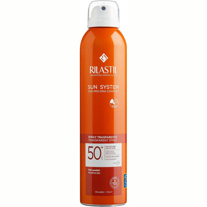 311969 - RILASTIL Sun System Transparent Spray SPF 50+, Sprej Transparent për Trupin, Rezistent ndaj Ujit, Të Gjitha Llojet e Lëkurës, Veprim Antioksidant dhe Qetësues, 200 ml