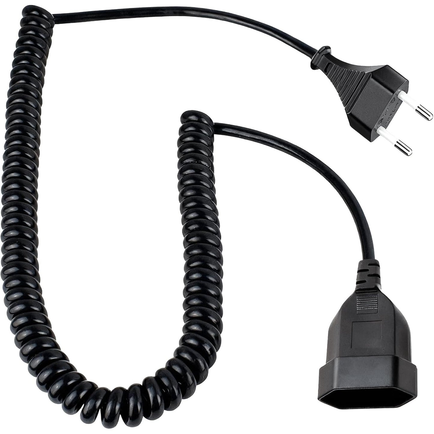 277040 - LELOCO Kabllo Zgjatimi Spiral 3.0m, me Plug të Sheshtë Europlug, 2 Bërthama për TV, Konsol Lojërash, Pajisje Shtëpiake, Zyrë, Përdorim i Jashtëm (i Zi)