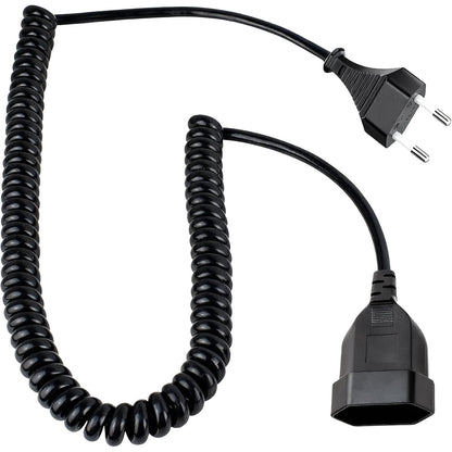 277040 - LELOCO Kabllo Zgjatimi Spiral 3.0m, me Plug të Sheshtë Europlug, 2 Bërthama për TV, Konsol Lojërash, Pajisje Shtëpiake, Zyrë, Përdorim i Jashtëm (i Zi)
