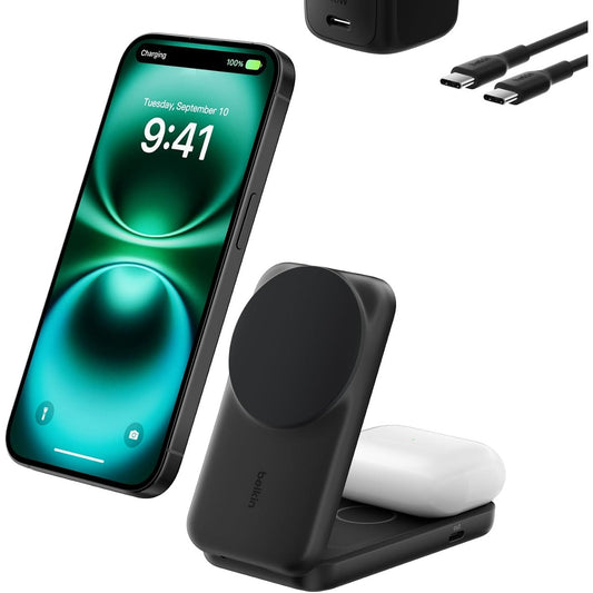 319640 - BELKIN ULTRACHARGE QI2, Karikues pa tel 25W, Stacion karikimi 2-në-1 për iPhone 17, iPhone Air, AirPods, Pixelsnap, Pajtueshëm me MagSafe, Portë USB-C dhe adaptor 45W, i zi