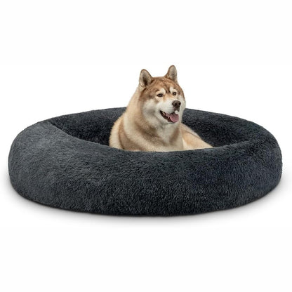 255134 - KREVAT LIONTO me Donut për Qen dhe Mace, Krevat i Butë i Rrumbullakët për Kafshë Shtëpiake të Vogla dhe të Mëdha, Ø120 cm, Krevat i Butë prej Pelushi për Mace, Jastëk Qeni me Mbushje Shumë të Trashë, Gri e Errët