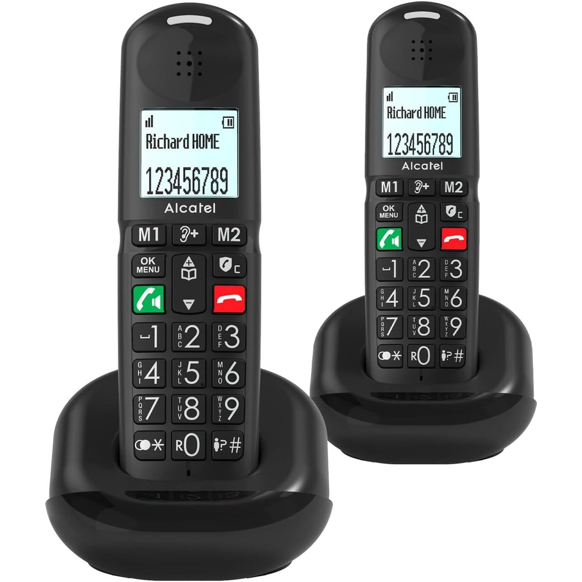 309719 - ALCATEL XL685 DUO, Telefon pa tel DECT për të moshuar, Madhësia XL, Ekran grafik me lexueshmëri të lartë, Butona të mëdhenj, Përforcim audio, Pa duar, Bllokim thirrjesh, 2 aparate, i zi