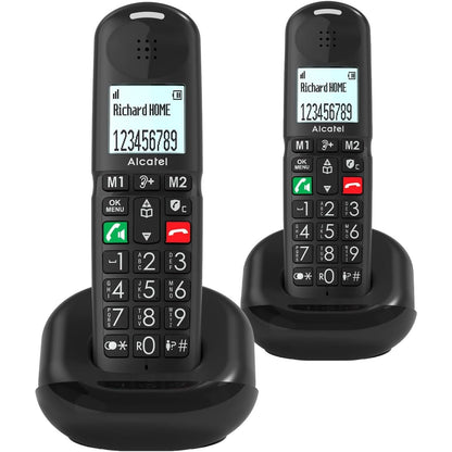 309719 - ALCATEL XL685 DUO, Telefon pa tel DECT për të moshuar, Madhësia XL, Ekran grafik me lexueshmëri të lartë, Butona të mëdhenj, Përforcim audio, Pa duar, Bllokim thirrjesh, 2 aparate, i zi