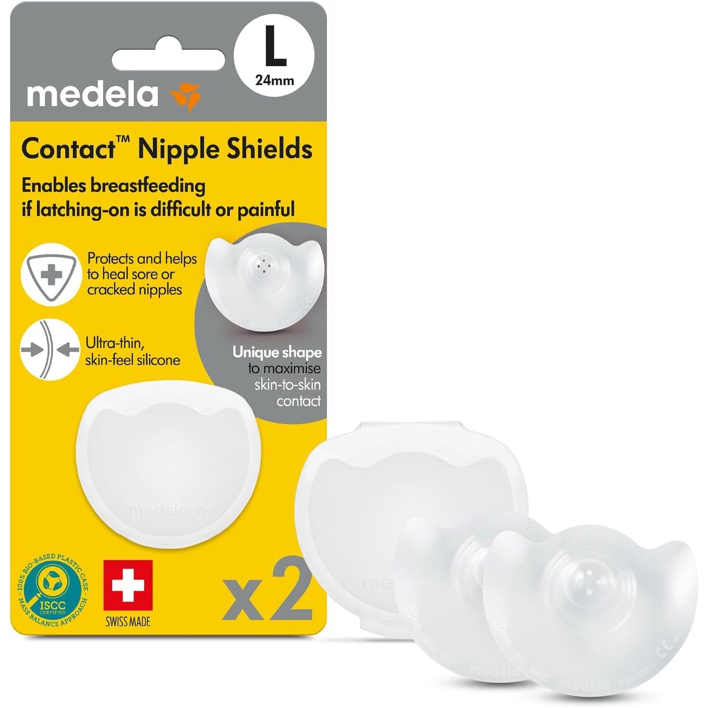 275859 - MEDELA Mbrojtëse për gjoksin Contact prej silikoni, dizajn i butë dhe ultra i hollë, Pa BPA, 1 pako me 2 mburoja (24 mm) dhe kuti ruajtjeje