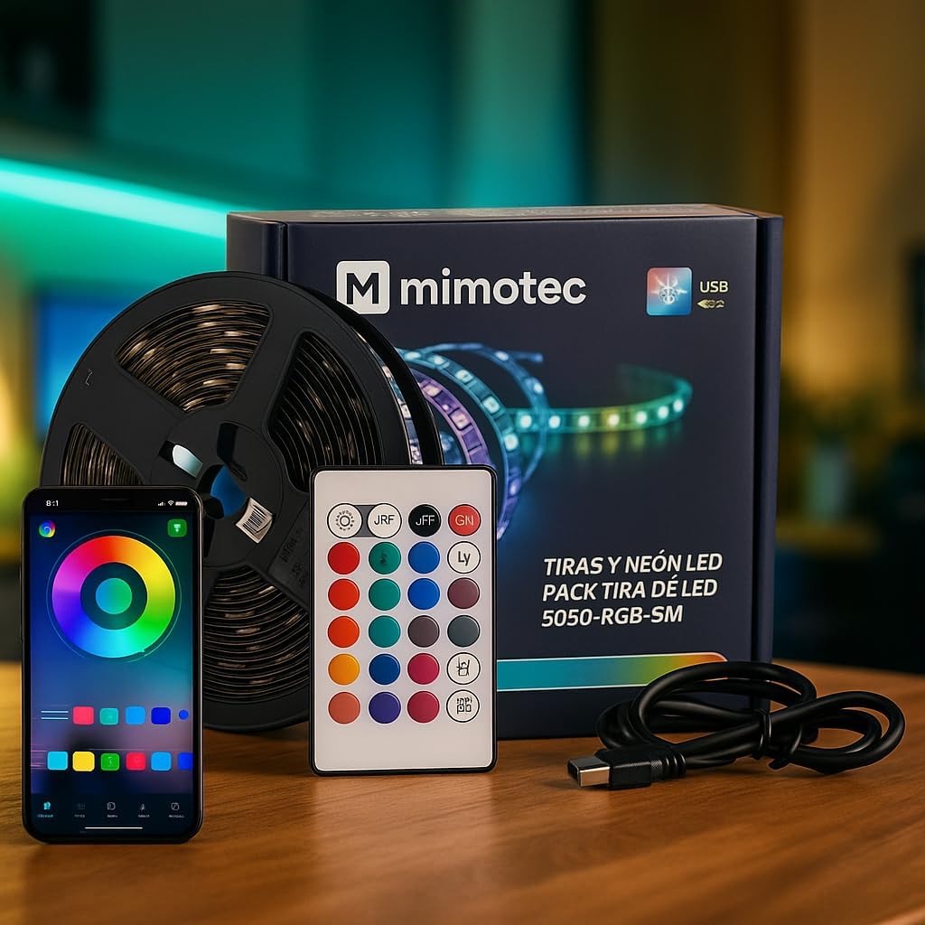253492 - M MIMOTEC - Pako Shiriti LED USB 5V 5m, 24W RGB i Errësuar, me Aplikacion dhe Telekomandë, Modalitet Muzike, Ideal për Dhomën e Gjumit, Dhomën e Ndenjes, Kuzhinën, Festat