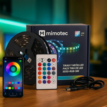 253492 - M MIMOTEC - Pako Shiriti LED USB 5V 5m, 24W RGB i Errësuar, me Aplikacion dhe Telekomandë, Modalitet Muzike, Ideal për Dhomën e Gjumit, Dhomën e Ndenjes, Kuzhinën, Festat