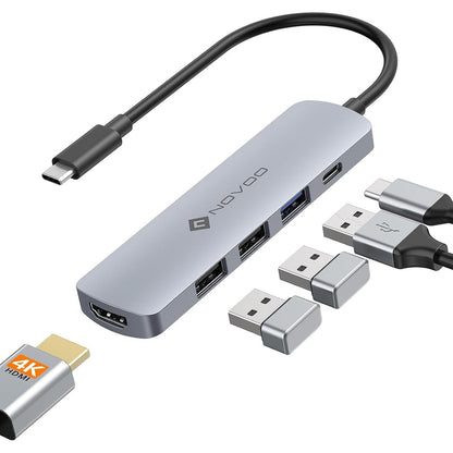 295304 - NOVOO Qendër USB-C në HDMI 5-në-1 për 4K, Përshtatës MacBook – Dok USB-C me Portë USB-C PD 100W, USB 3.0, 2 USB 2.0, Kompakt, i Lehtë