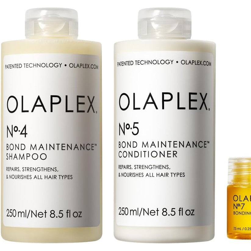 320961 - OLAPLEX Seti i flokëve Nr. 4, 5, 7 - Shampo dhe balsami 250ml, Vaj lidhës 100ml, për pastrim dhe hidratim të kaçurrelave deri në 72 orë.