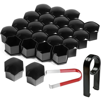322784 - Set prej 22 kapakësh mbulues plastike universale 21 mm me kanale për arra makine, mbulesa rrotash me 1 grep tërheqës (të zi)